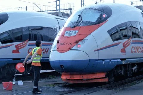 Modern high-speed train "Sapsan" in the depot is preparing for the trip. An e Stock Photos