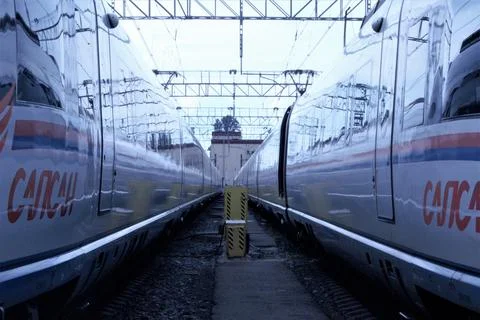 Modern high-speed train "Sapsan" in the depot preparing for the trip. Moscow, Stock Photos