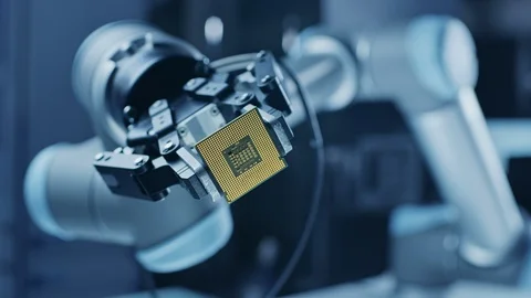Modern High Tech Authentic Robot Arm Holding Contemporary Super Computer CPU Stock Footage 105363411