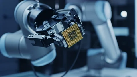 Modern High Tech Authentic Robot Arm Holding Contemporary Super Computer CPU Stock Footage