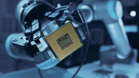 Modern High Tech Authentic Robot Arm Holding Contemporary Super Computer CPU Stock Footage 105364136