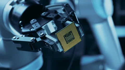Modern High Tech Authentic Robot Arm Holding Contemporary Super Computer CPU Stock Footage 105365110