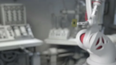 Modern High Tech Authentic Robot Arm Holding Contemporary Super Computer Process Stock Footage 170188576