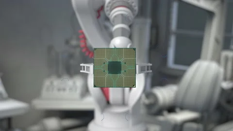Modern High Tech Authentic Robot Arm Holding Contemporary Super Computer Process Stock Footage 170189029