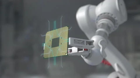 Modern High Tech Authentic Robot Arm Holding Contemporary Super Computer Process Stock Footage 170308374