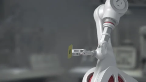 Modern High Tech Authentic Robot Arm Holding Contemporary Super Computer Process Stock Footage 170308445