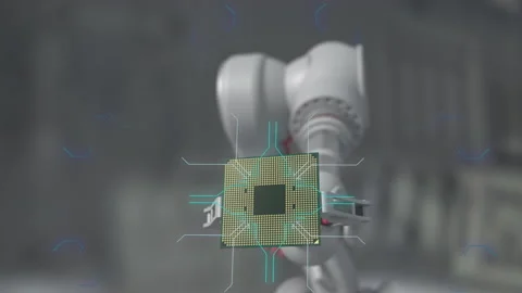 Modern High Tech Authentic Robot Arm Holding Contemporary Super Computer Process Stock Footage 170309396