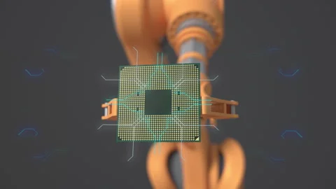 Modern High Tech Authentic Robot Arm Holding Contemporary Super Computer Process Stock Footage 170310757