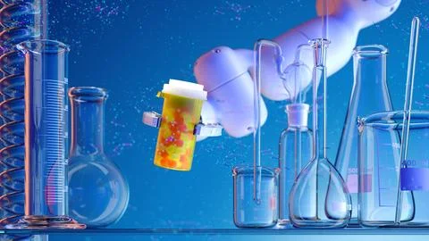 Modern High Tech Authentic Robot Arm Holding Bottle of Pills. Stock Illustration