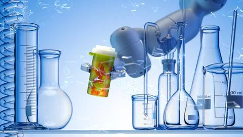 Modern High Tech Authentic Robot Arm Holding Bottle of Pills. Stock Illustration