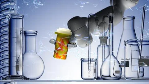 Modern High Tech Authentic Robot Arm Holding Bottle of Pills. Stock Illustration