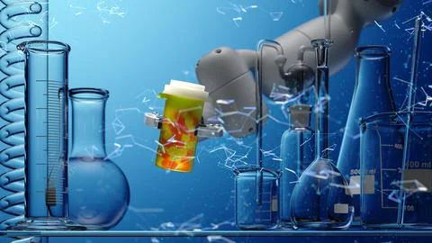 Modern High Tech Authentic Robot Arm Holding Bottle of Pills. Stock Illustration