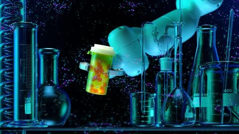 Modern High Tech Authentic Robot Arm Holding Bottle of Pills. Stock Illustration