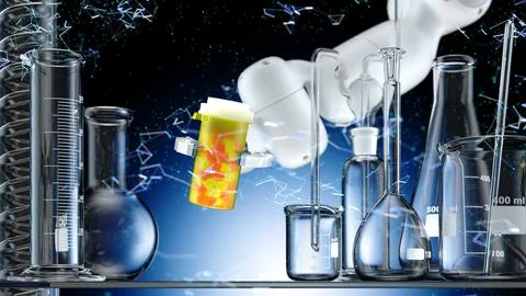 Modern High Tech Authentic Robot Arm Holding Bottle of Pills. Stock Illustration