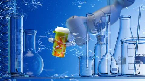 Modern High Tech Authentic Robot Arm Holding Bottle of Pills. Stock Illustration