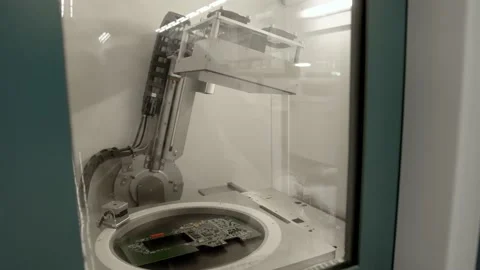 A modern high-tech authentic robotic arm scans and checks the motherboard. an au Stock Footage 166314113