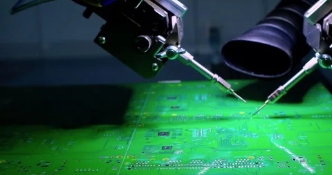 A modern high-tech automated machine assembling an electronic 動画素材 332995176