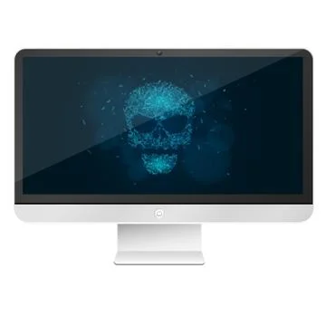 Modern, high-tech computer isolated on white background. A glowing blue skull Stock Illustration