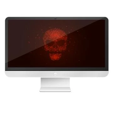 Modern, high-tech computer isolated on white background. A glowing red skull Illustrazione stock