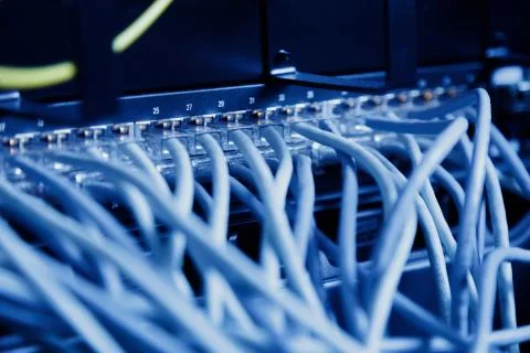 Modern high tech internet data center room with Network panel, switch and cable Stock Photos