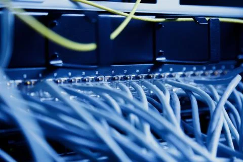 Modern high tech internet data center room with Network panel, switch and cable Stock Photos