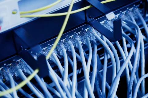 Modern high tech internet data center room with Network panel, switch and cable Stock Photos