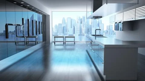 Modern High tech kitchen with view on skyscrapers cityscape. Stock Illustration
