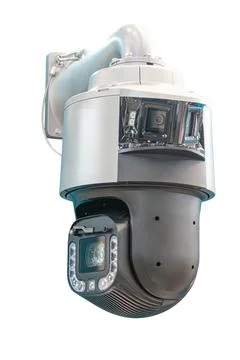 Modern high-tech surveillance camera on white backdrop, featuring sleek metal 写真素材