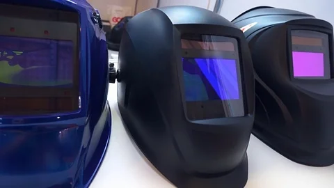 Modern high-tech welding helmets with auto dimming function, effectively protect 스톡 동영상 71645575