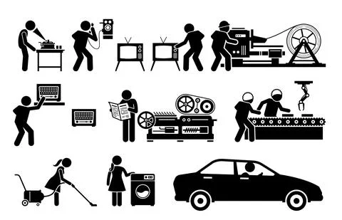 Modern History Machine Age Technologies. Vector illustrations depict phonogra Illustrazione stock