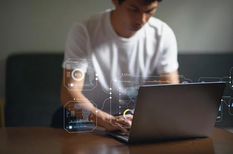 Modern Hologram Display with Data Analysis on Laptop Screen Stockfoto's