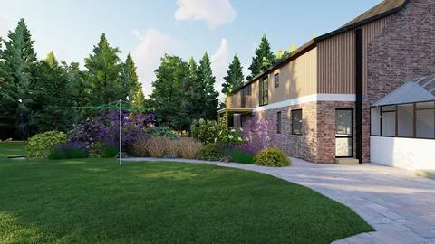 Modern Home Architectural Exterior Rendering with Landscaped Garden Stock Illustration