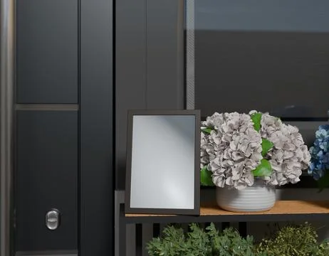 Modern home decor with a framed mirror and hydrangea Stock Illustration