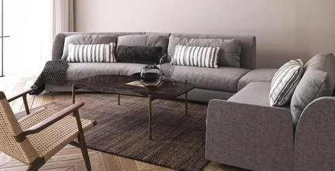 Modern home interior background with sofa, table and decor in living room Stock-Illustration