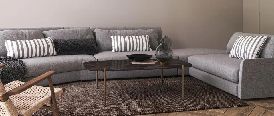 Modern home interior background with sofa, table and decor in living room Illustration