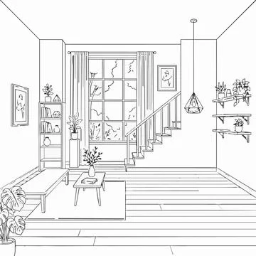 Modern home interior line art, minimalist living room with staircase and pl.. Stock Illustration