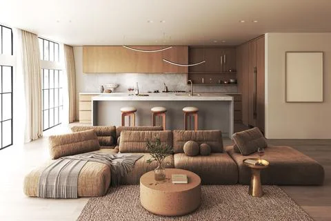 Modern home interior with luxurious kitchen and relaxing living space, 3d Illustrazione stock