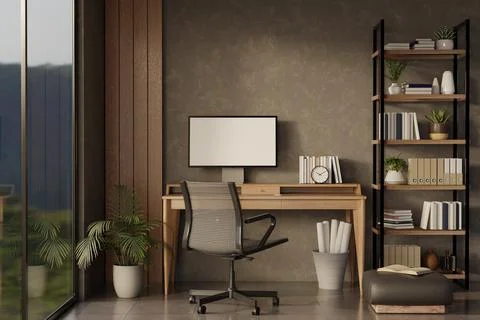 Modern Home Office with Blank Computer Monitor Mockup Desk and Industrial B.. Stock Illustration