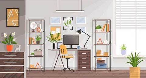 Modern home office interior. Remote workplace with desk, chair, computer and Stockillustratie