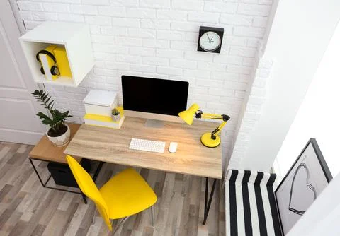 Modern home office interior, view through CCTV camera Stock Photos