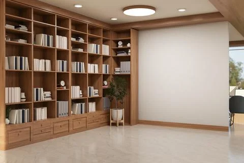 Modern Home Office Library Interior with Large Wooden Corner Bookshelf and .. Illustrazione stock