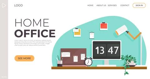 Modern Home Office Setup with Computer Desk and Wall Decor in Minimalist Styl 스톡 일러스트