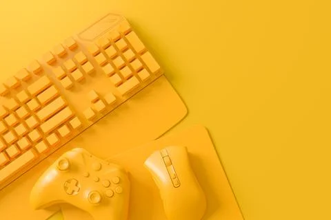 Modern home office setup featuring keyboard, gaming controllers and mouse Stockillustratie