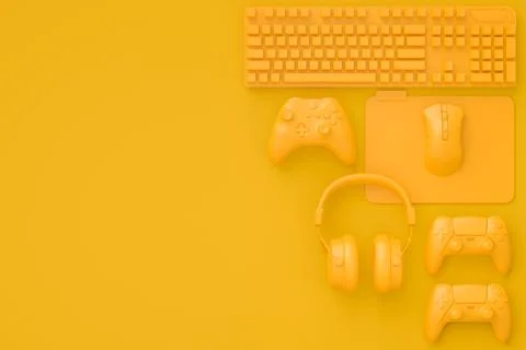 Modern home office setup featuring keyboard, gaming controllers and headphones Stockillustratie
