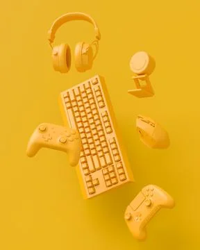 Modern home office setup featuring keyboard, gaming controllers and headphone Stock Illustration
