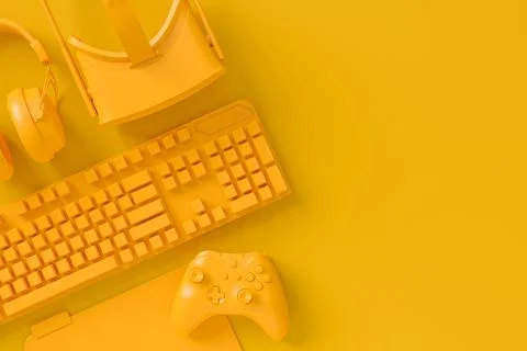 Modern home office setup featuring keyboard, VR glasses and headphones Stockillustratie