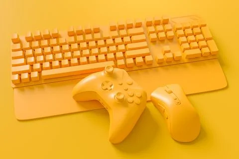 Modern home office setup featuring keyboard, gaming controllers and mouse Stockillustratie