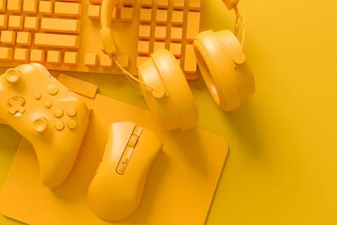 Modern home office setup featuring keyboard, gaming controllers and headphone Stock Illustration