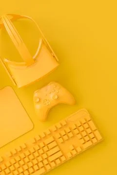 Modern home office setup featuring keyboard, VR glasses and headphones 스톡 일러스트