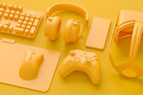 Modern home office setup featuring keyboard, gaming controllers and headphone 스톡 일러스트